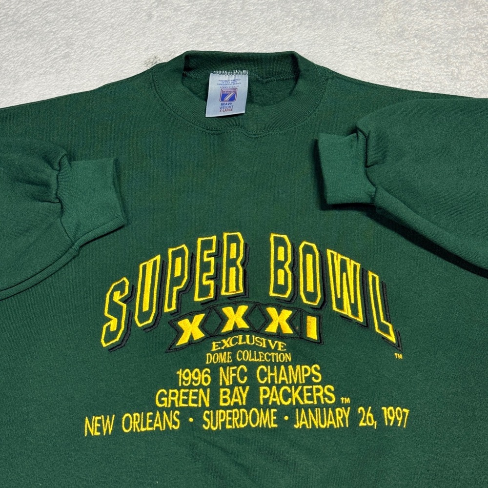 Logo 7 Super Bowl XXXI Sweatshirt Mens XL Green Vintage 1996 NFC Packers Logo7